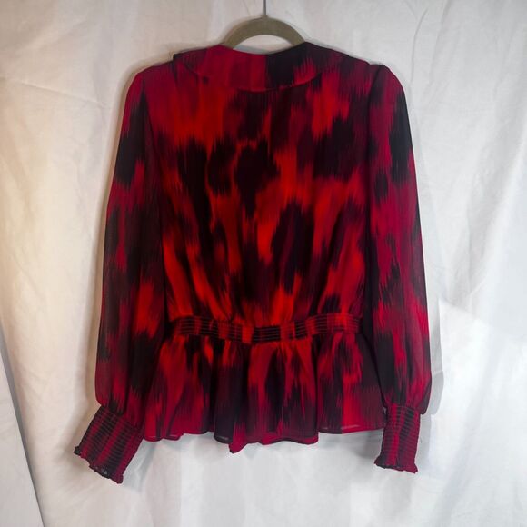 Calvin Klein Abstract Red Ruffle Vneck Peplum Waist Blouse Dressy Bold Size LG - Picture 2 of 10